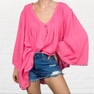 Pink Flowy Pleated Button Down Front Eyelet Scallops Wide Sleeve Peasant Blouse